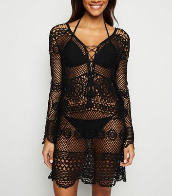 black crochet beach cover up