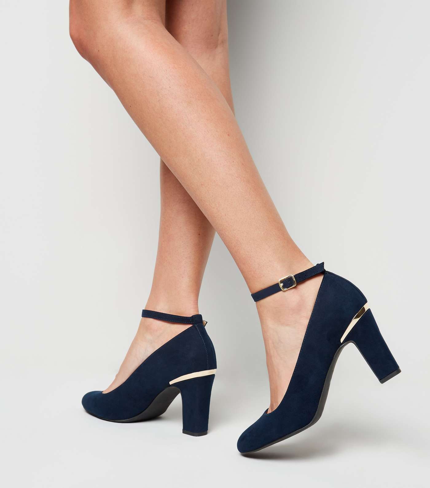Navy Suedette Ankle Strap Block Heel Courts  Image 2