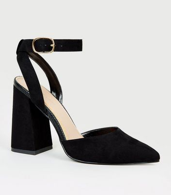 Black Suedette Flare Heel Court Shoes 