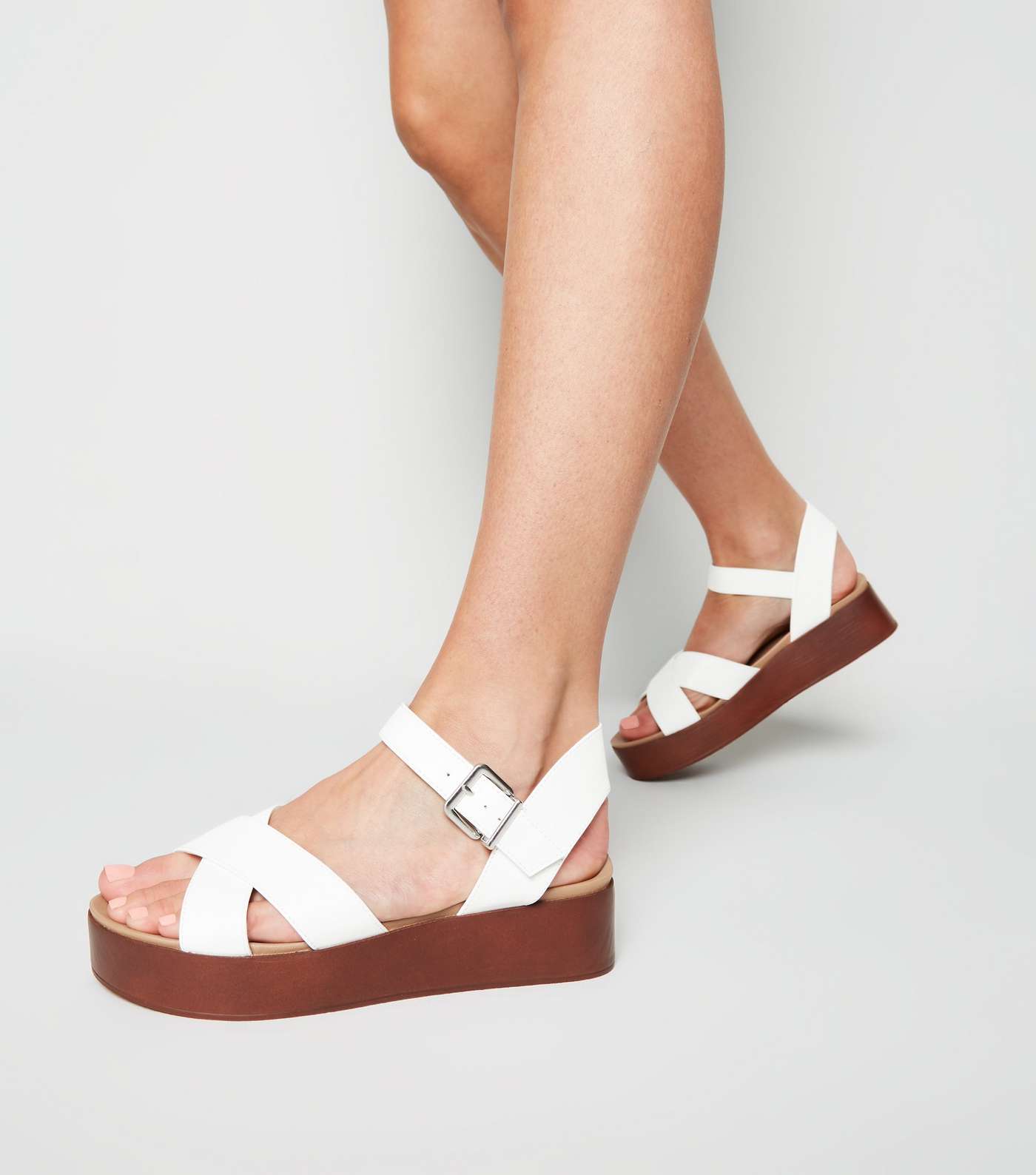 White Leather-Look Wood Flatform Sandals Image 2