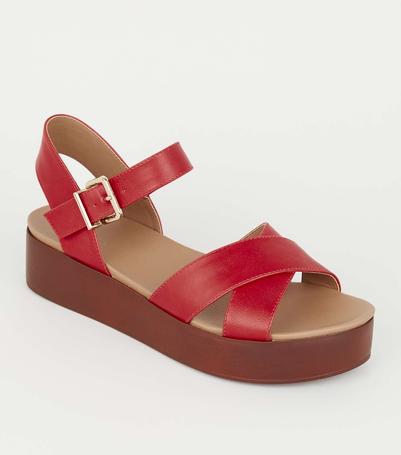 Red Leather-Look Wood Flatform Footbed Sandals