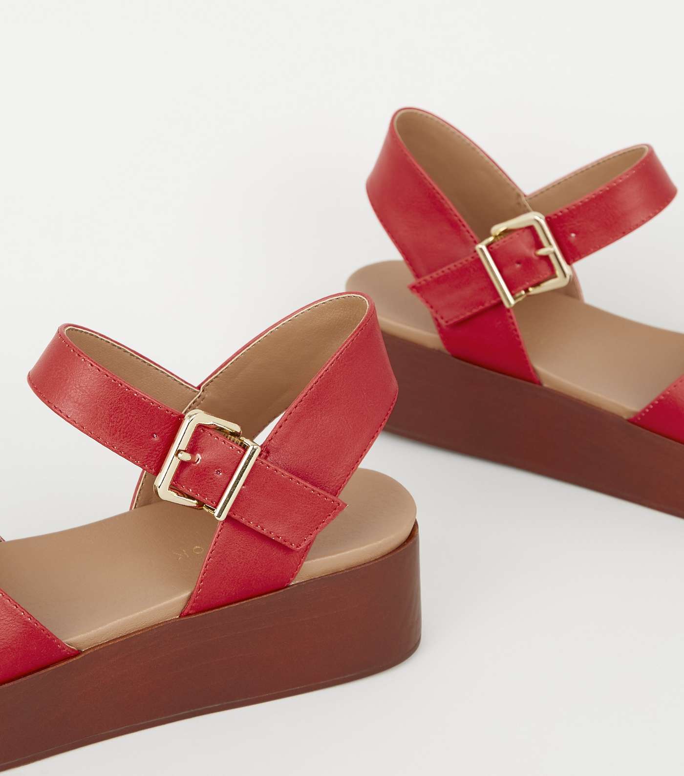 Red Leather-Look Wood Flatform Footbed Sandals Image 3