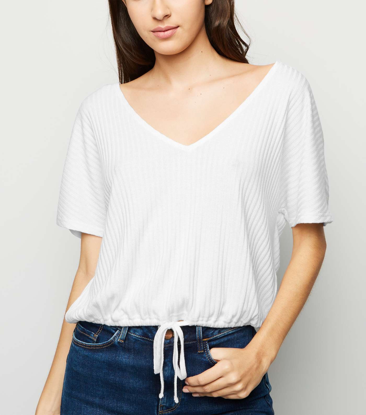 White Drawstring Hem Fine Knit T-Shirt