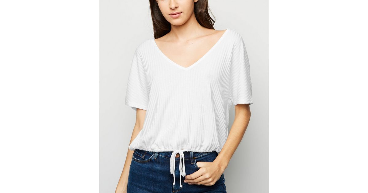 White Drawstring Hem Fine Knit TShirt New Look