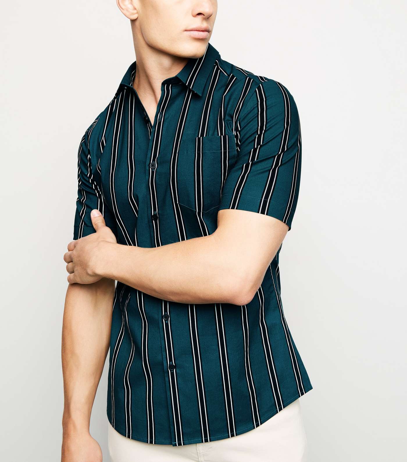 Green Vertical Stripe Muscle Fit Short Sleeve Shirt
