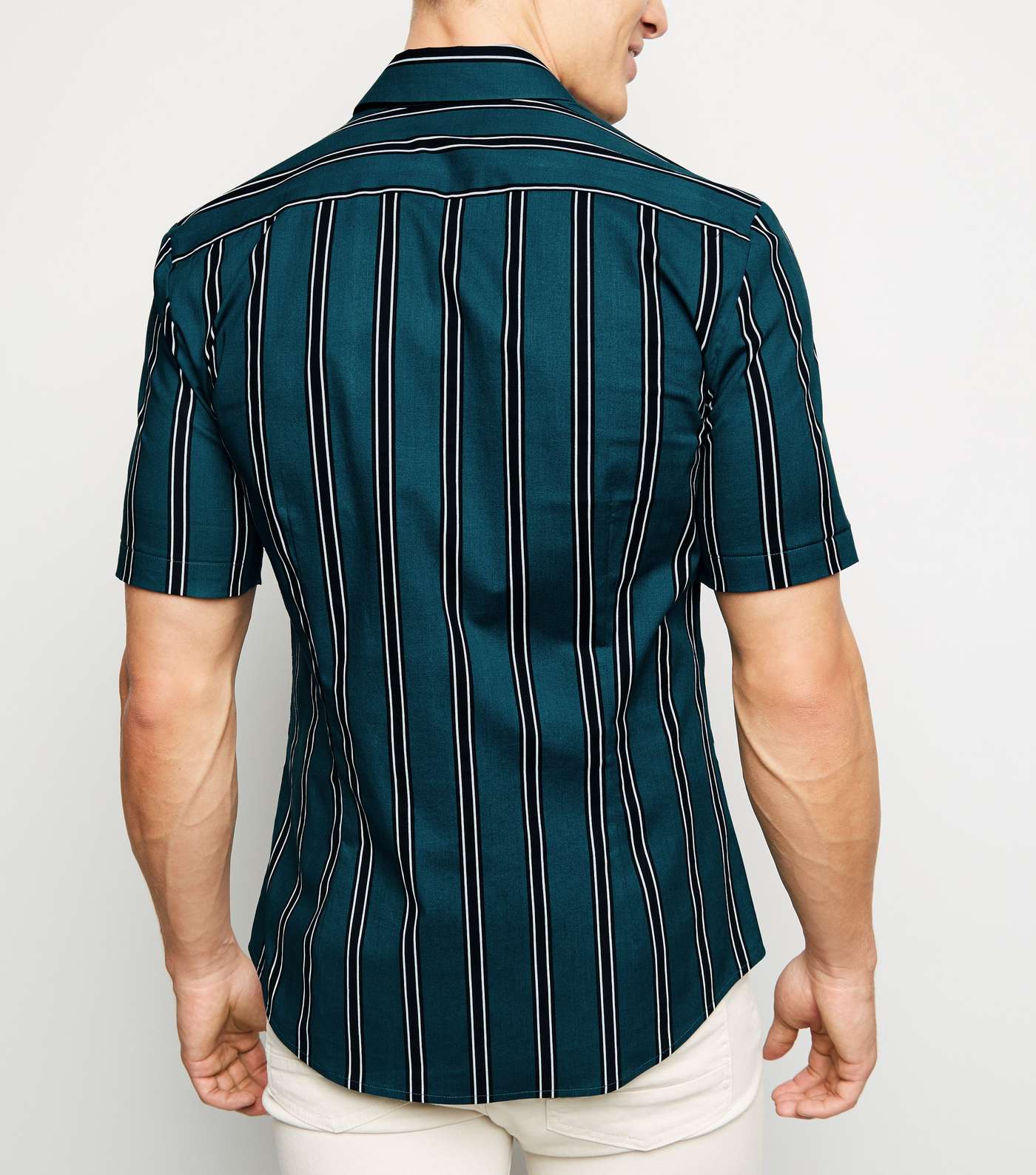 Green Vertical Stripe Muscle Fit Short Sleeve Shirt Image 3