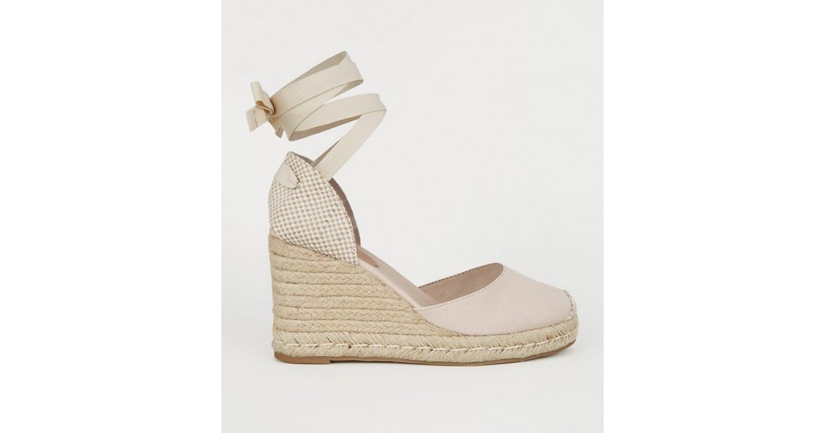 Nude Ribbon Ankle Tie Espadrille Wedges New Look