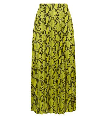 yellow snake print pleated midi skirt