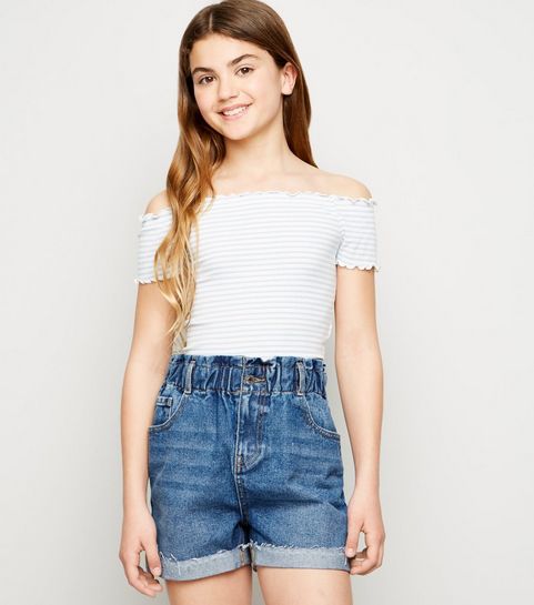 Girls Blue Paperbag Denim Shorts Girls Blue Paperbag Denim Shorts