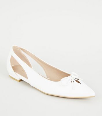 White Leather-look Pointed Ballet Pumps 