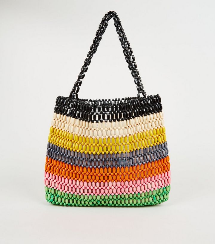 Rainbow Stripe Wood Bead Shopper Bag New Look