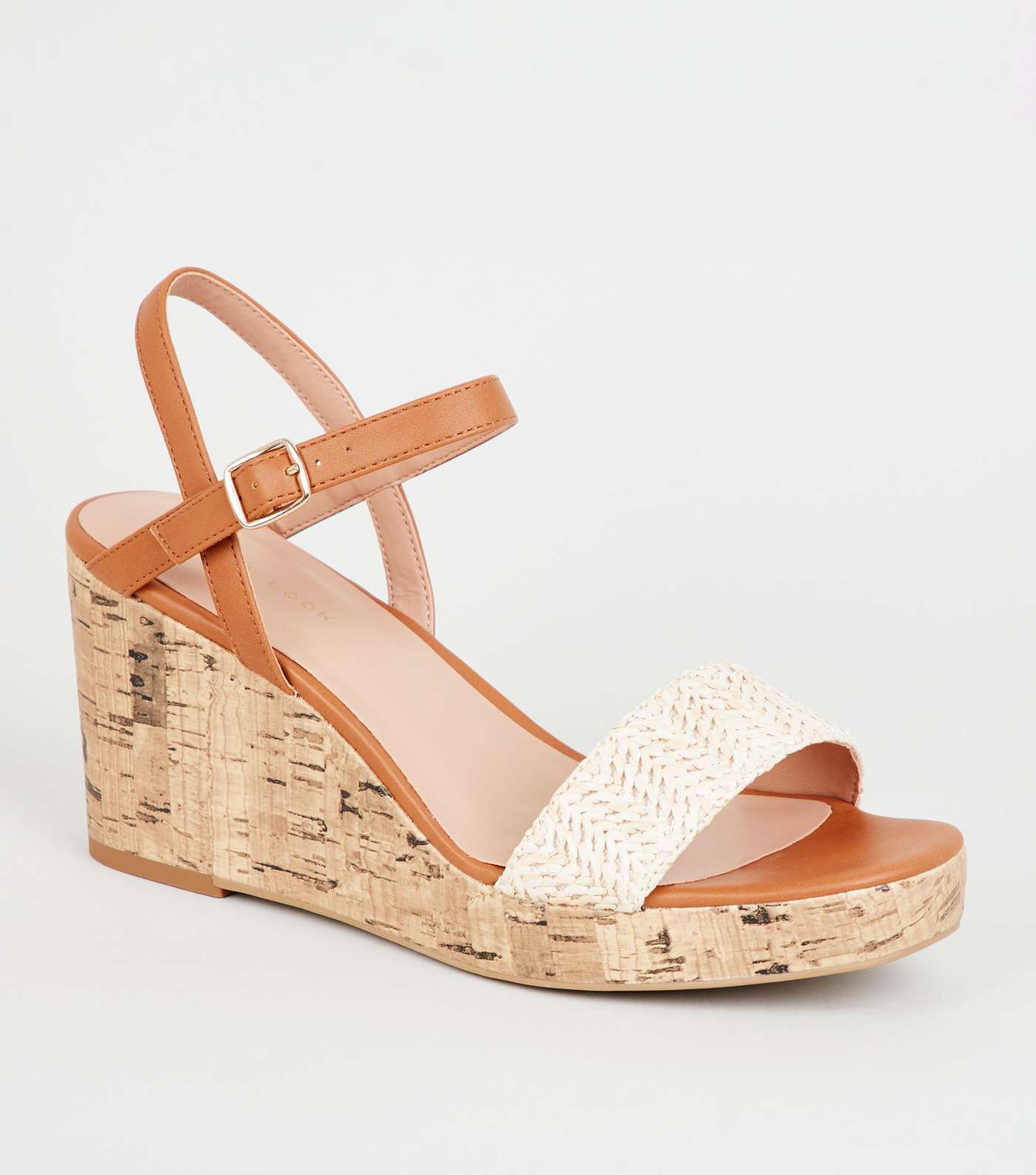 Off White Woven Strap Cork Wedges