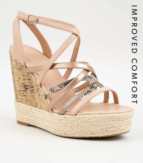 Nude Faux Snake Strap Espadrille Platform Wedges