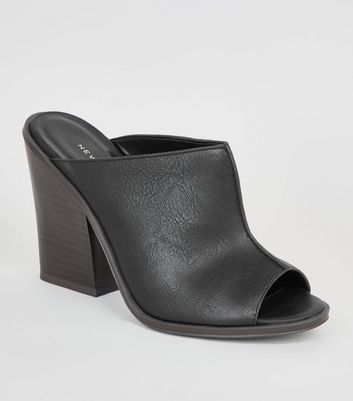 Black Leather-Look Block Heel Mules 