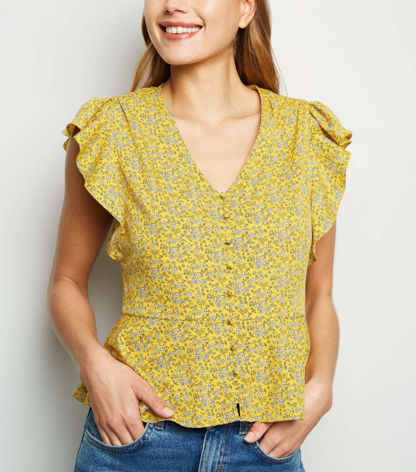 Mustard Floral Print Button Up Blouse