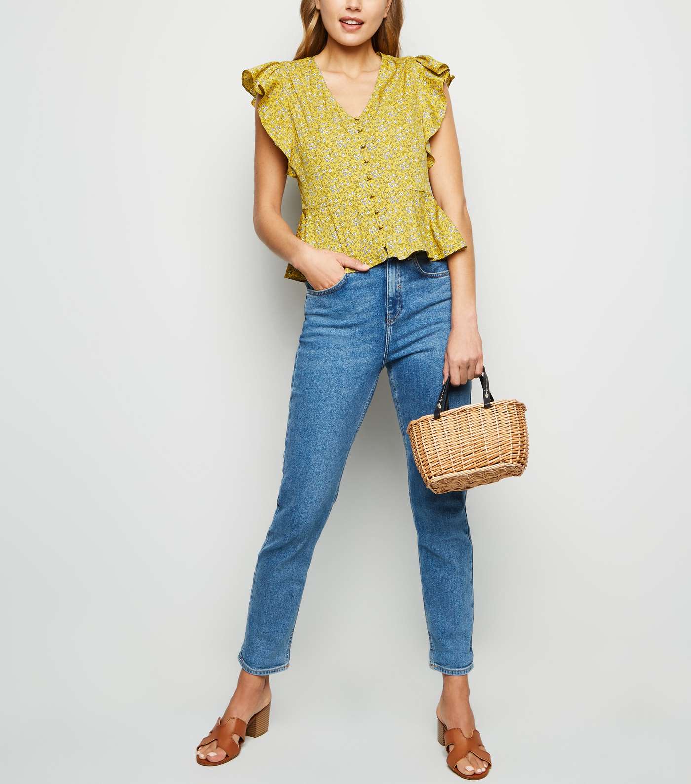 Mustard Floral Print Button Up Blouse Image 3