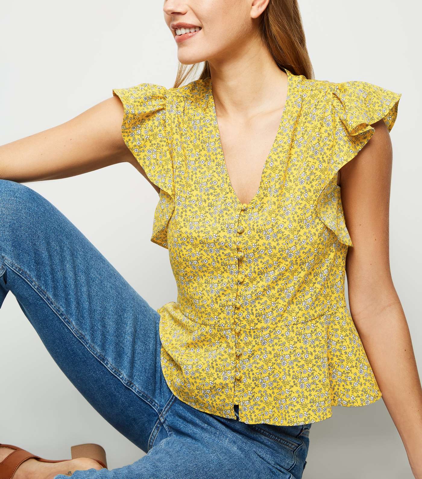 Mustard Floral Print Button Up Blouse Image 5