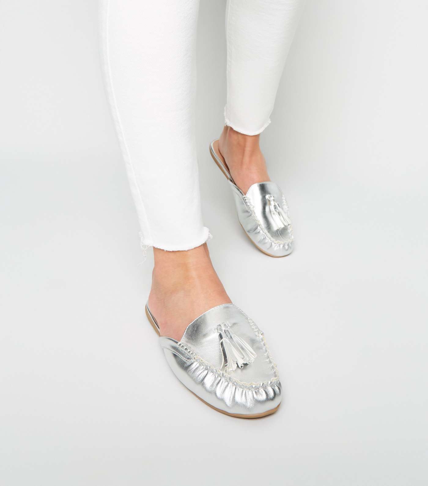 Wide Fit Silver Leather-Look Tassel Mule Loafers Image 2