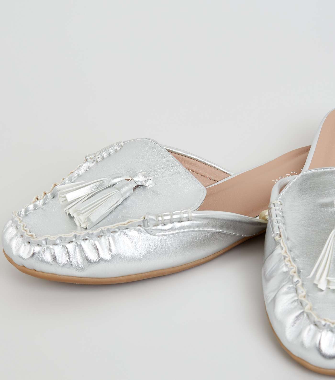 Wide Fit Silver Leather-Look Tassel Mule Loafers Image 4
