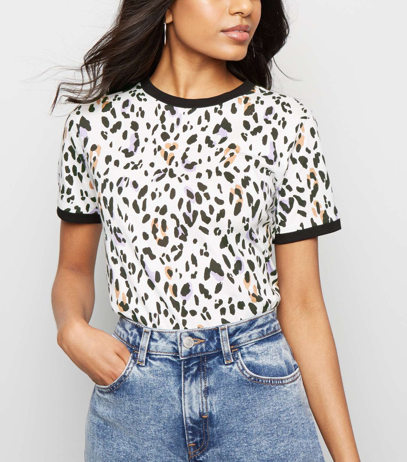 Petite White Leopard Print Ringer T-Shirt