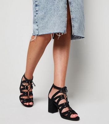 black suedette lace up ghillie block heel sandals