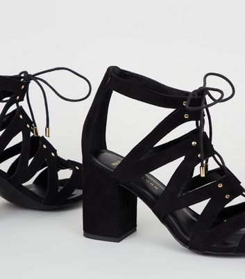 black suedette lace up ghillie block heel sandals