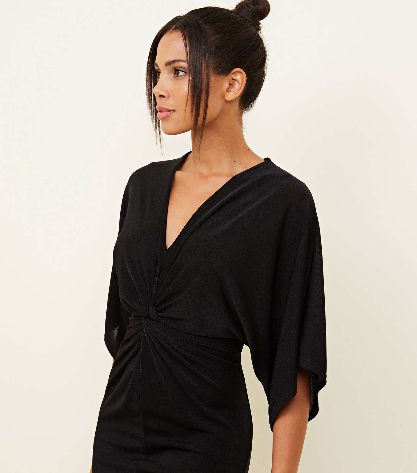 Black Twist Front Kimono Sleeve Midi Dress Image 3