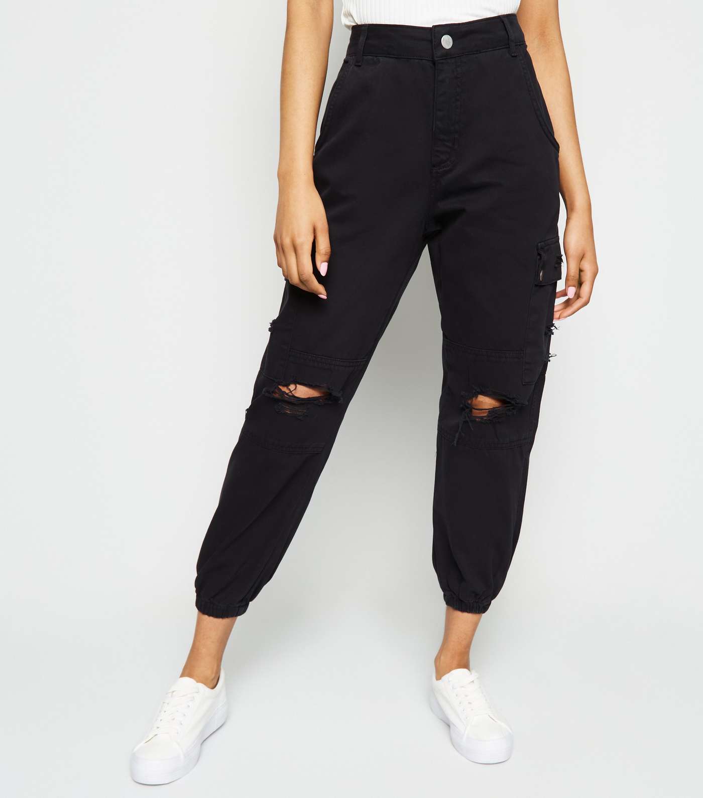 Petite Black Ripped Knee Utility Trousers Image 2