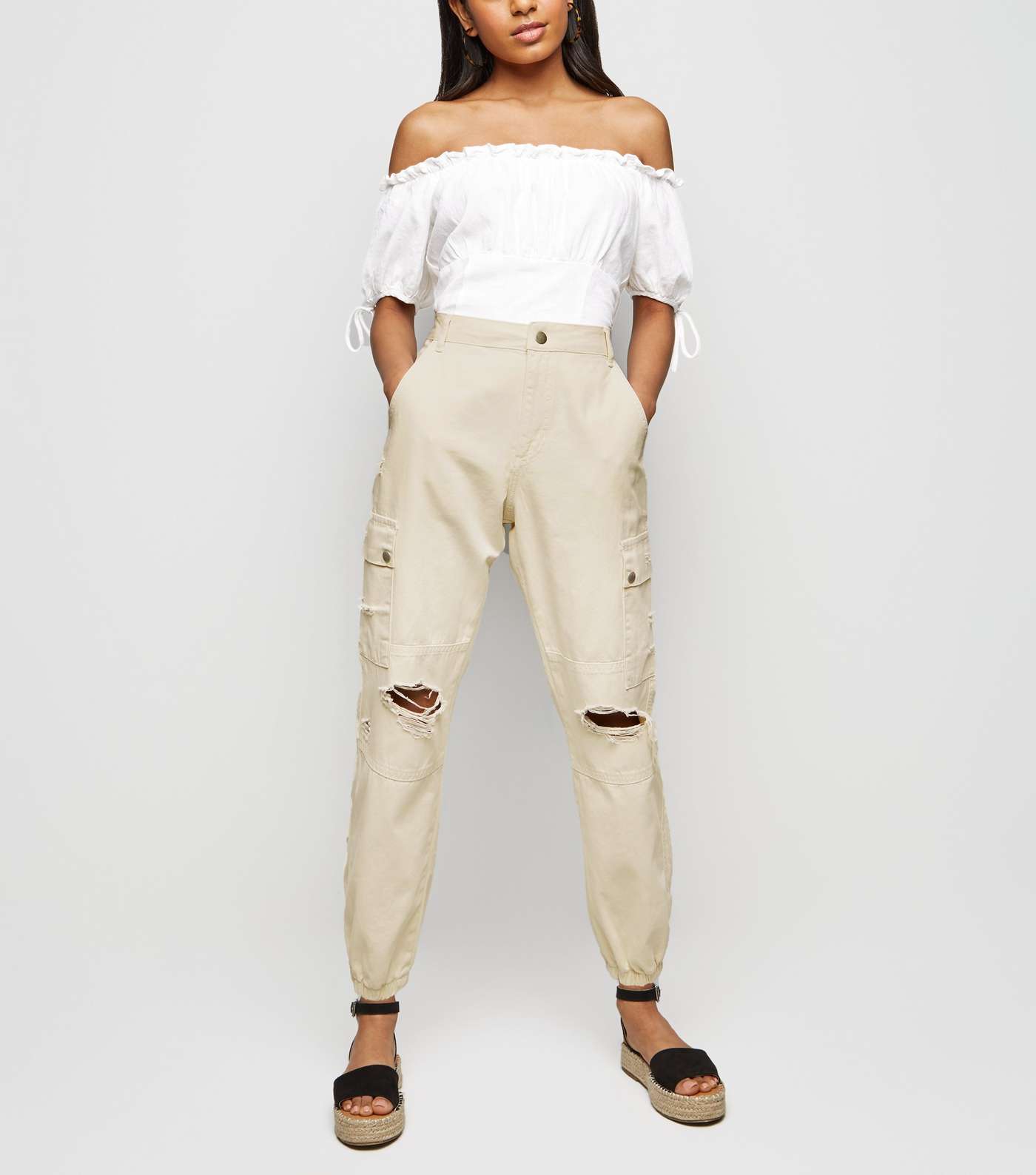 Petite Camel Ripped Knee Utility Trousers