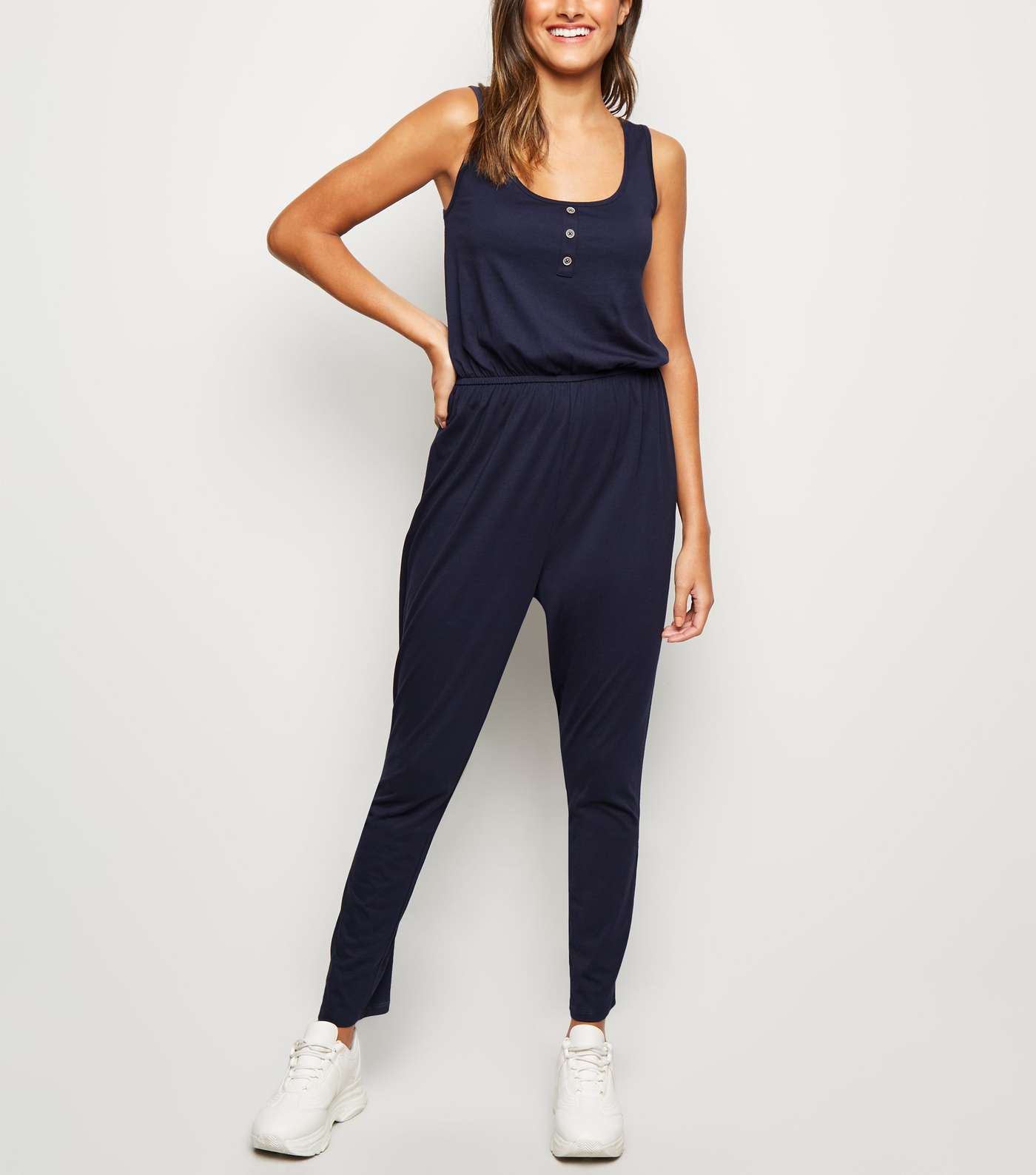 Navy Button Front Jersey Jumpsuit