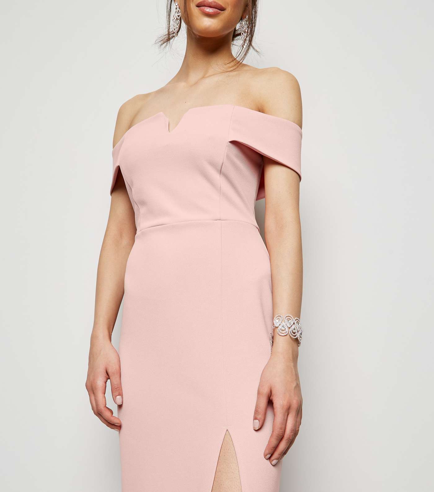 Pale Pink Side Split Bardot Maxi Dress Image 4