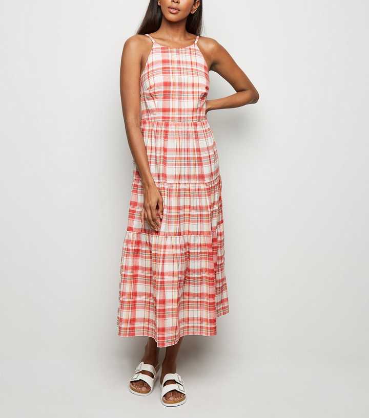 Pink Check Tiered Midi Dress