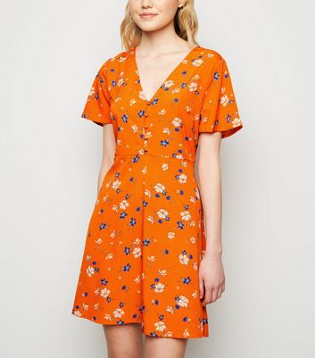 Orange Ditsy Floral Print Tea Dress 