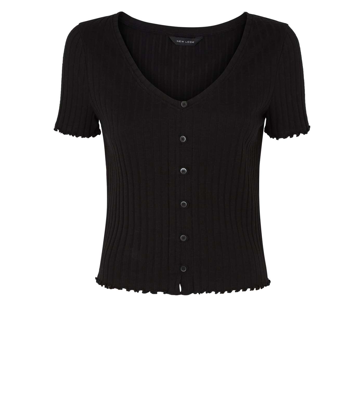 Black Ribbed Button Front Frill Trim Top Image 4
