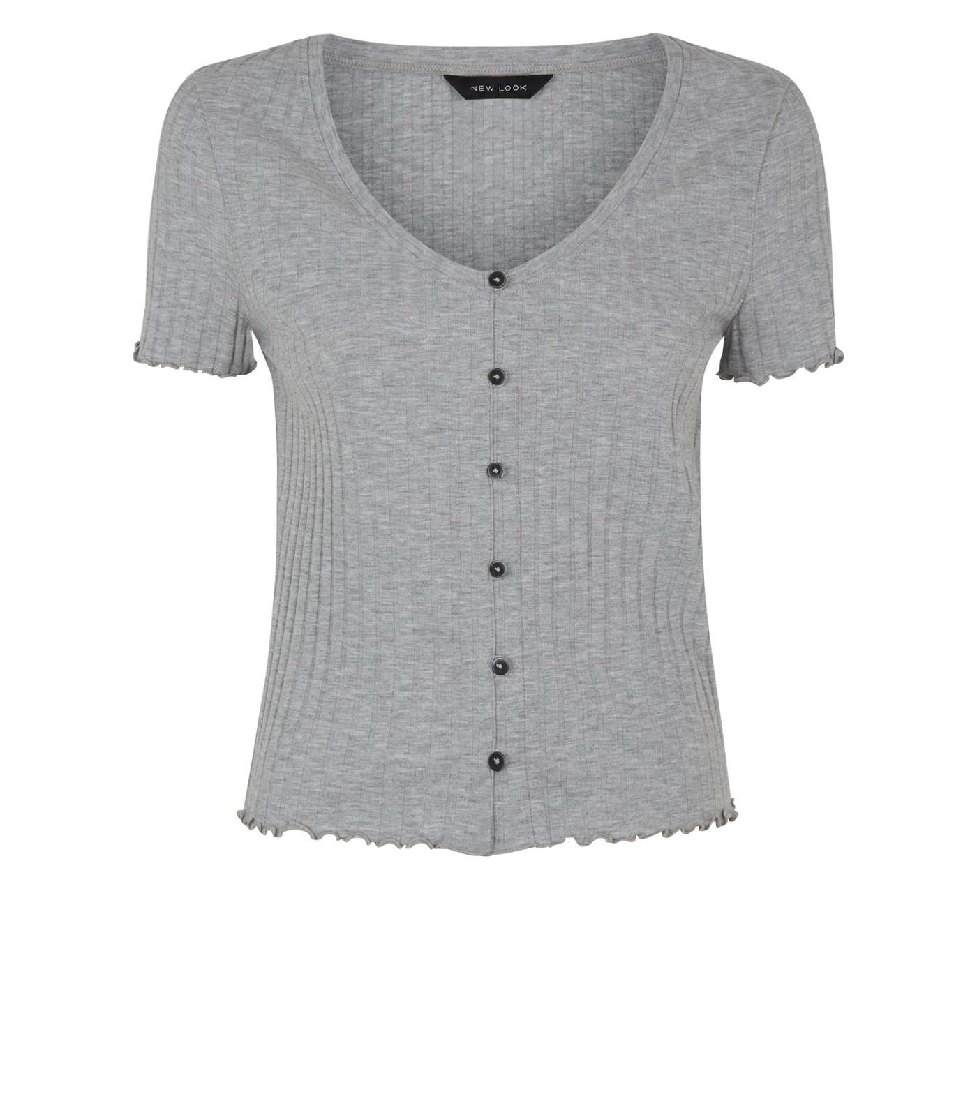 Grey Marl Ribbed Button Front Frill Trim Top Image 4