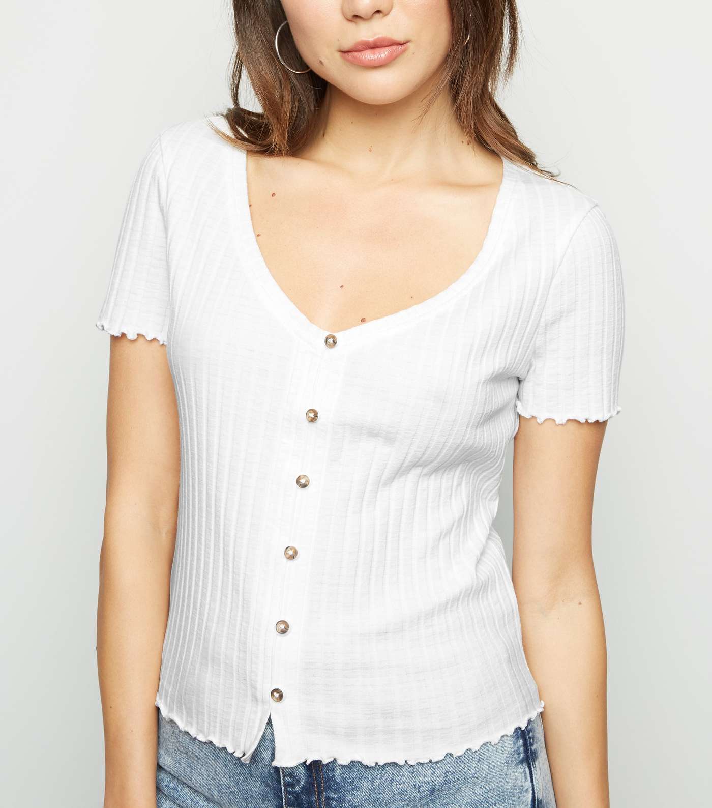 Off White Ribbed Button Front Frill Trim Top