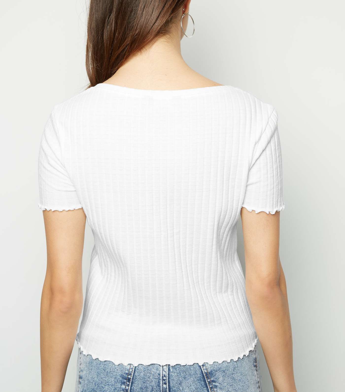 Off White Ribbed Button Front Frill Trim Top Image 3