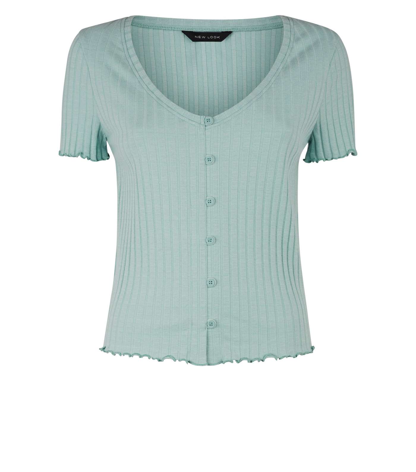 Mint Green Ribbed Button Front Frill Trim Top Image 4