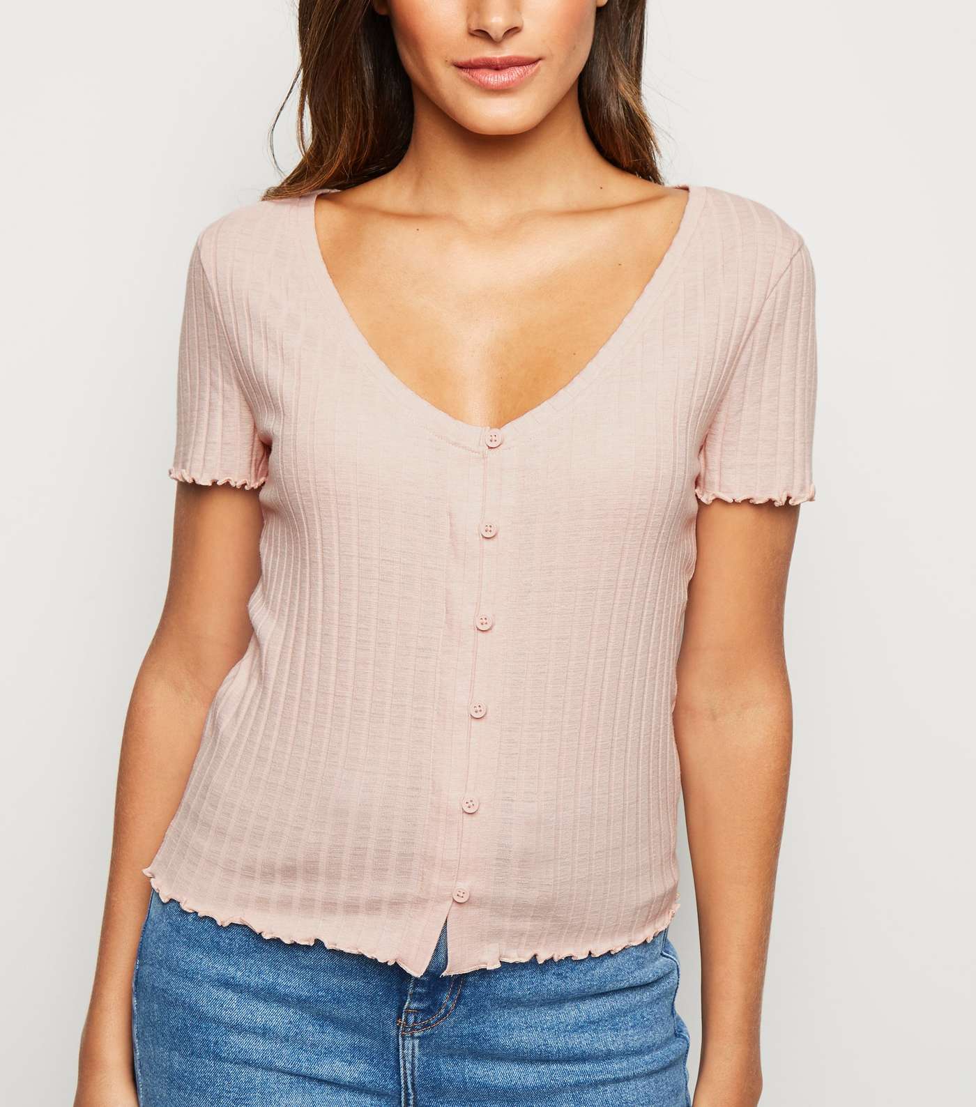 Pink Ribbed Button Front Frill Trim Top