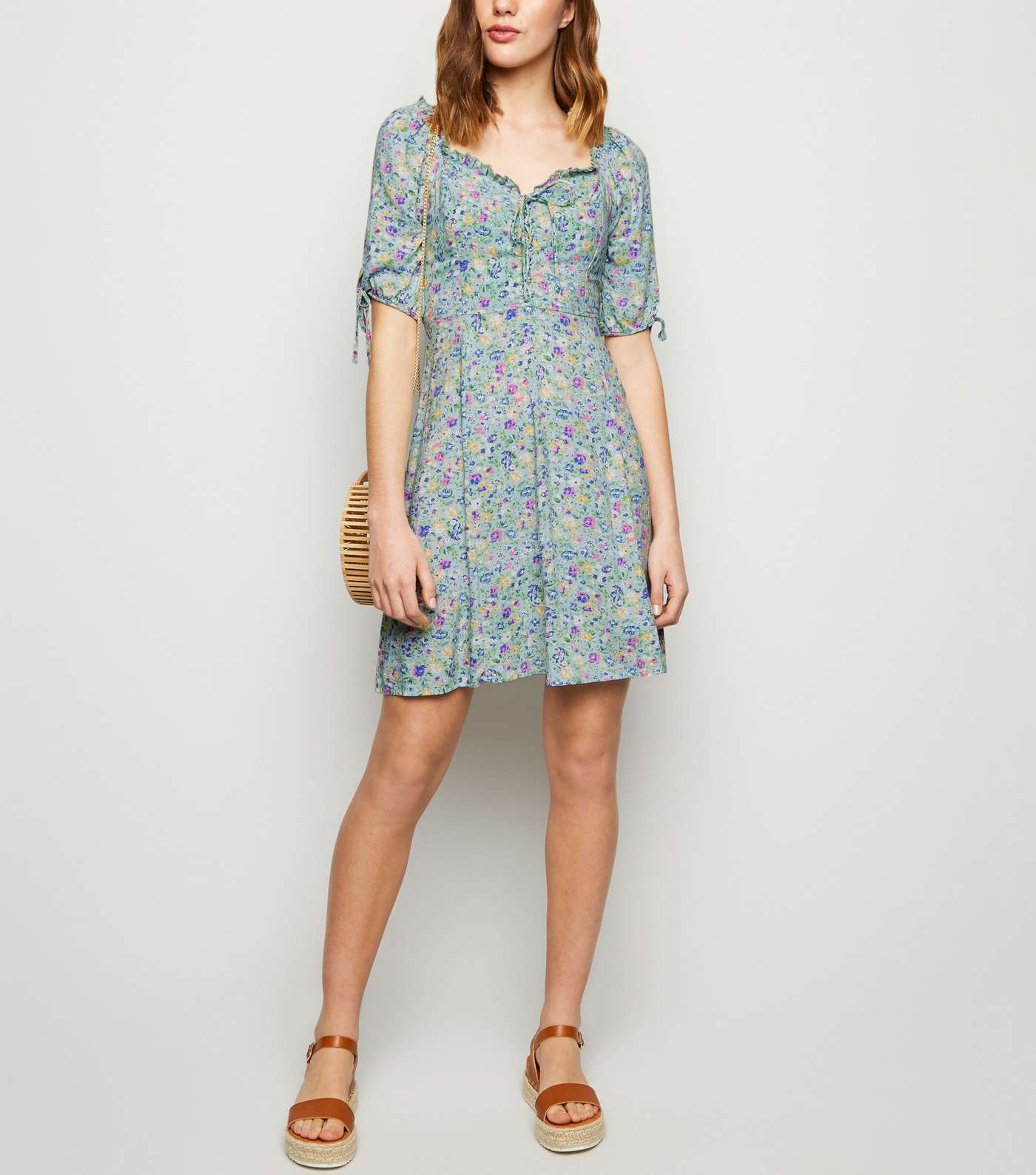 Green Ditsy Floral Lace Up Milkmaid Dress