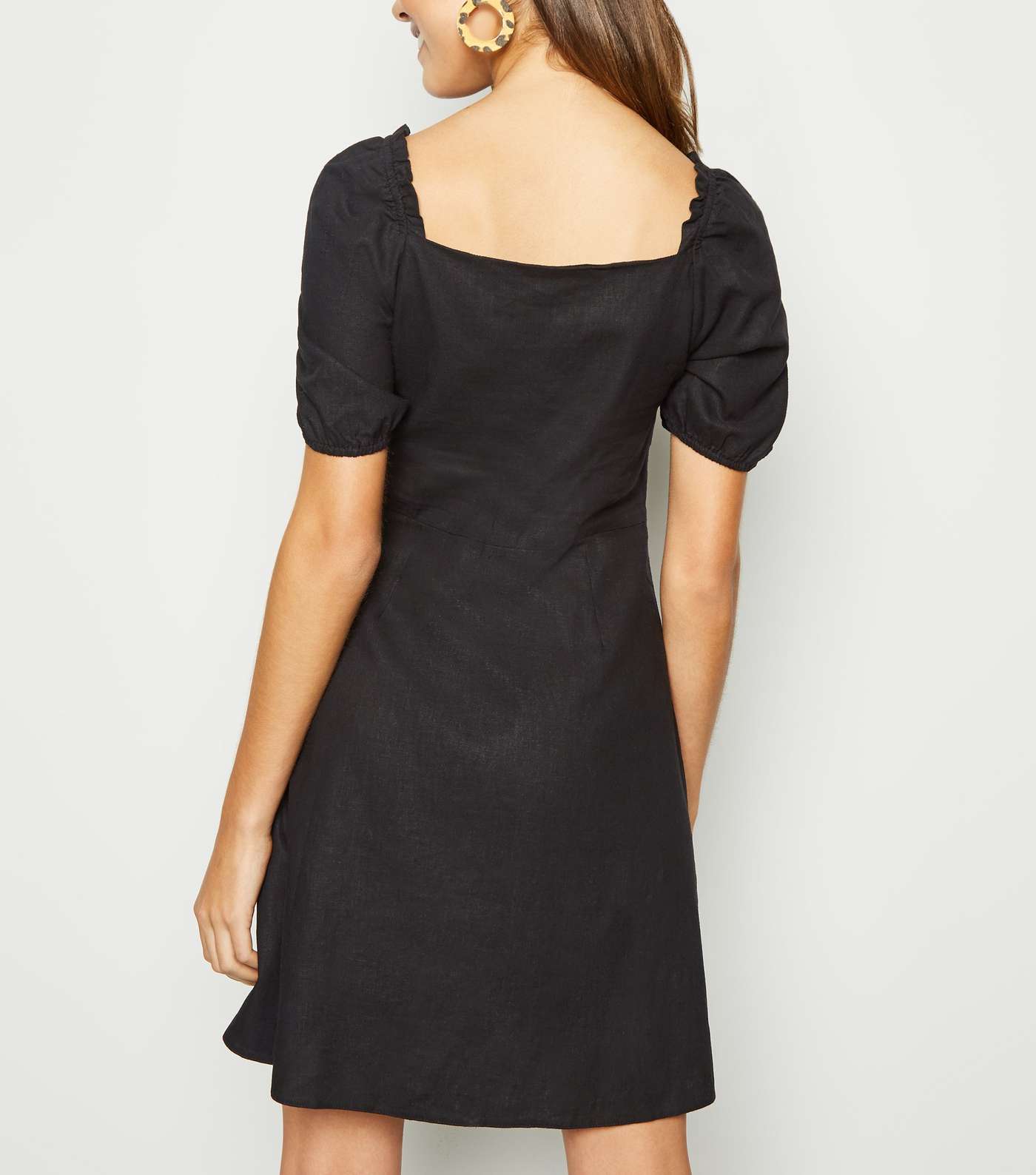Black Linen Blend Button Up Milkmaid Dress Image 3