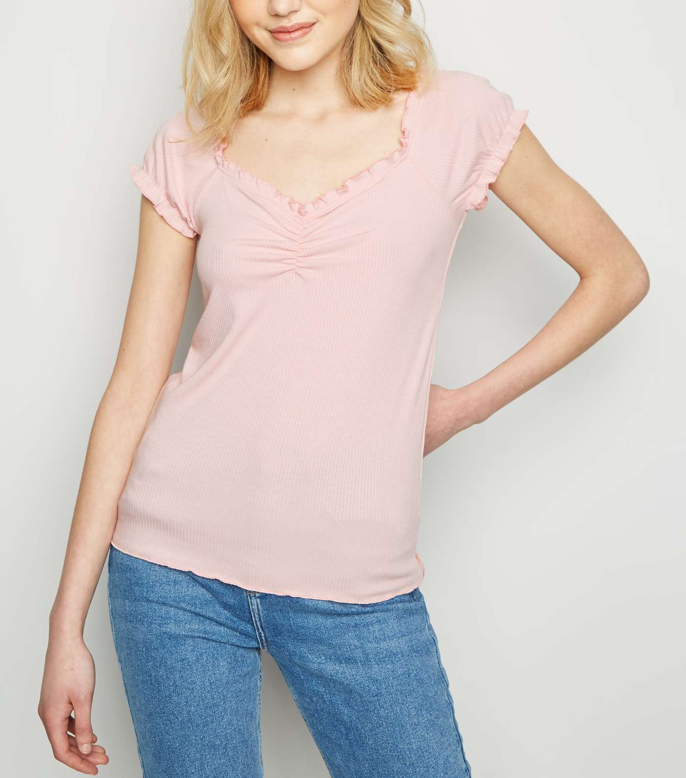 Pale Pink Frill Edge Ribbed T-Shirt Image 2