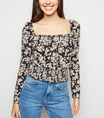 Black Daisy Long Sleeve Milkmaid Top | New Look
