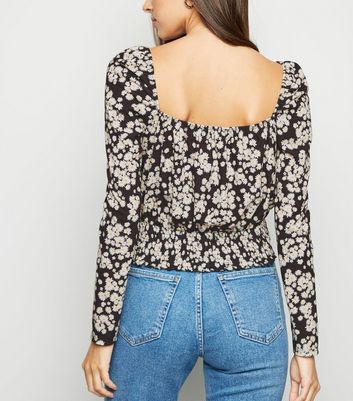 Black Daisy Long Sleeve Milkmaid Top | New Look