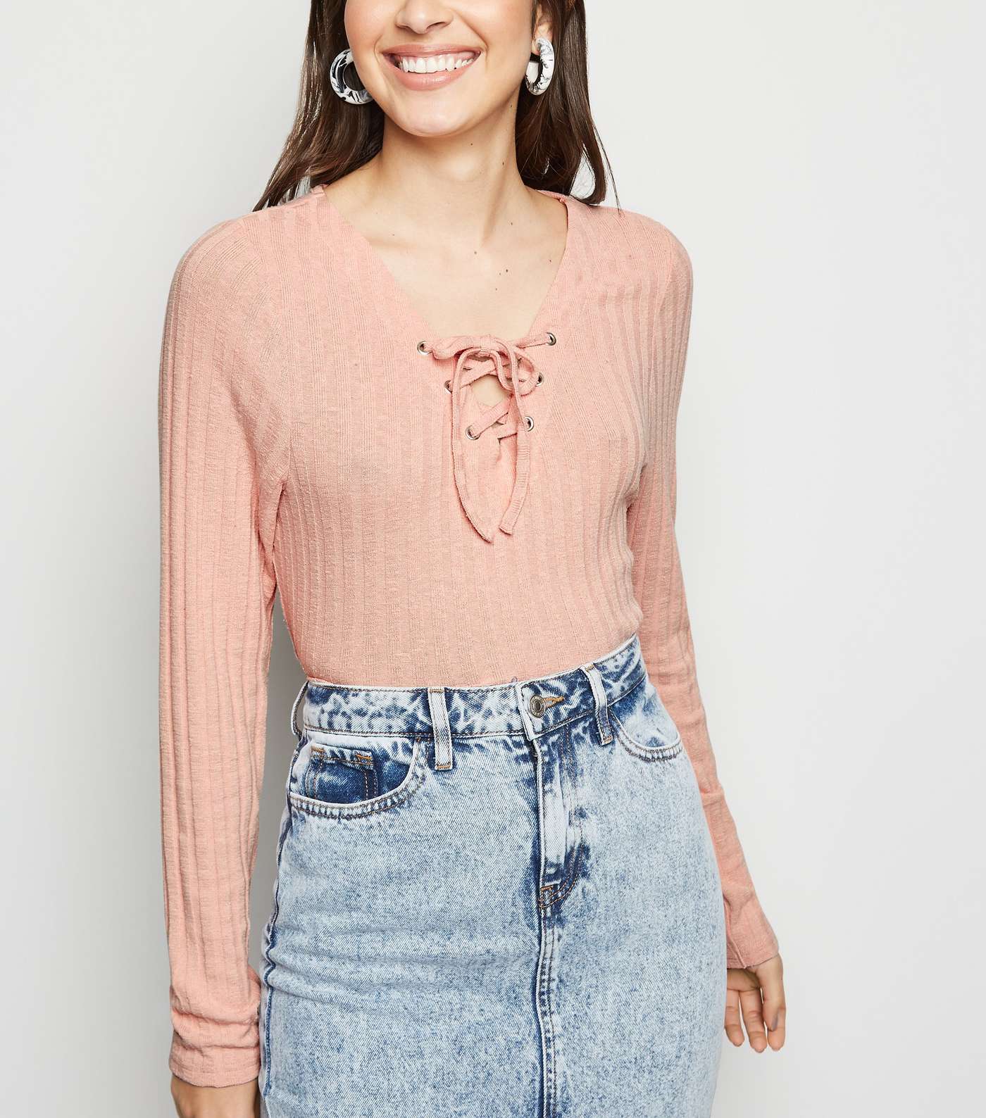 Pale Pink Ribbed Lace Up Top