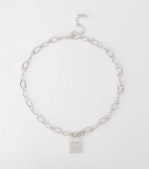 Silver Padlock Pendant Chunky Chain Necklace 