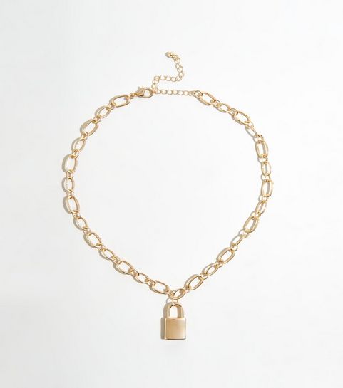 Gold Padlock Pendant Chunky Chain Necklace 