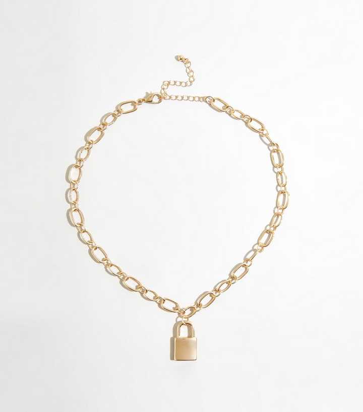Gold Padlock Pendant Chunky Chain Necklace 