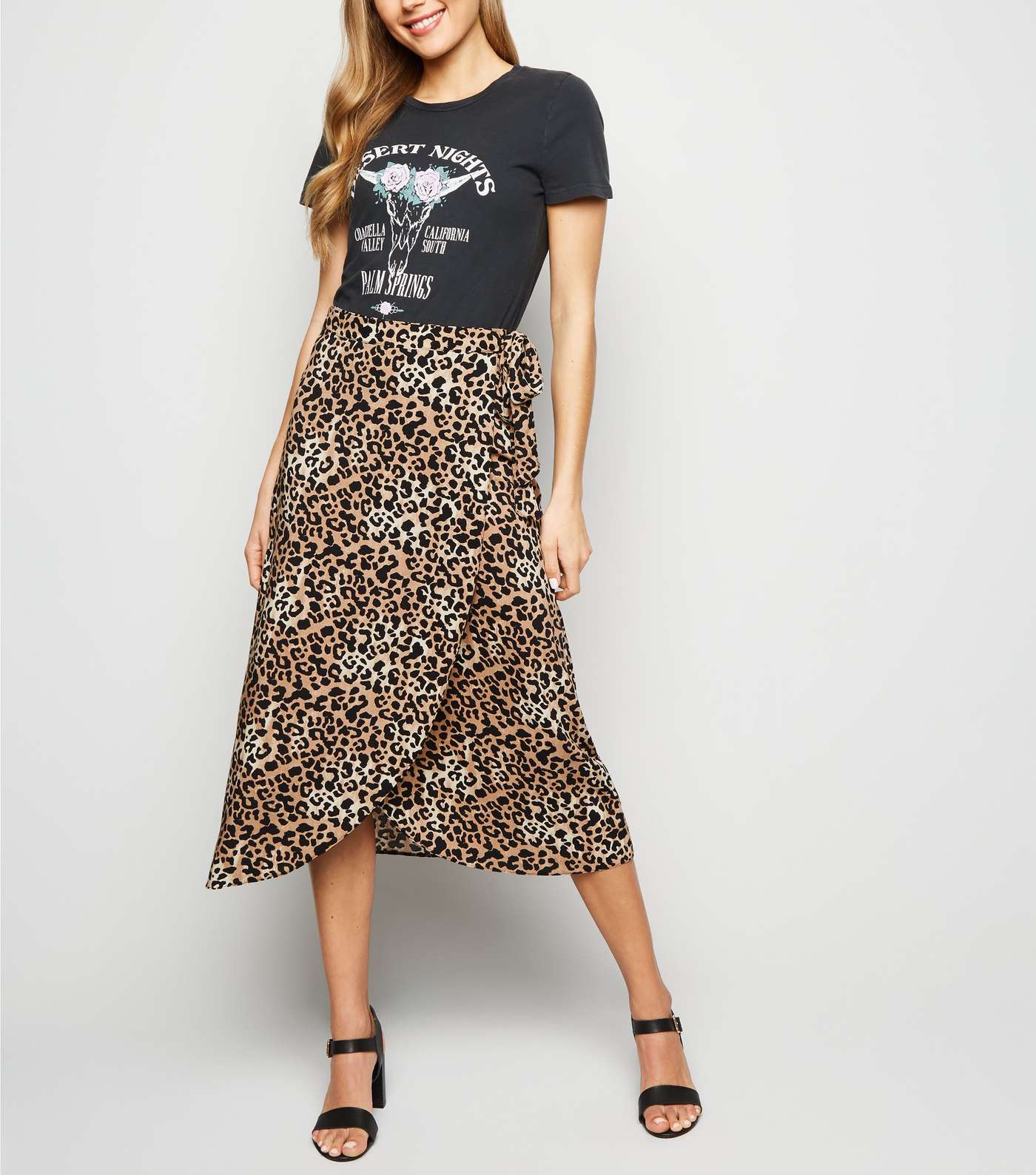 Brown Leopard Print Wrap Midi Skirt 
