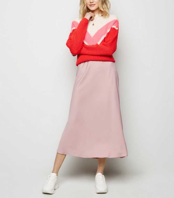 Mid Pink Satin Bias Cut Midi Skirt